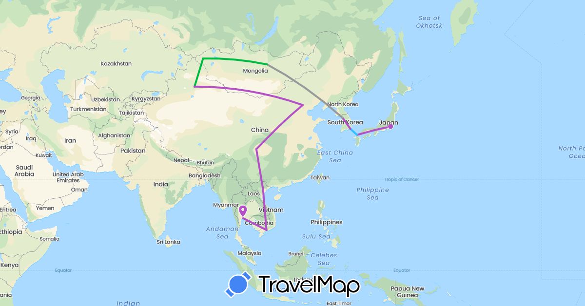 TravelMap itinerary: driving, bus, plane, train, boat in China, Japan, South Korea, Mongolia, Thailand, Vietnam (Asia)